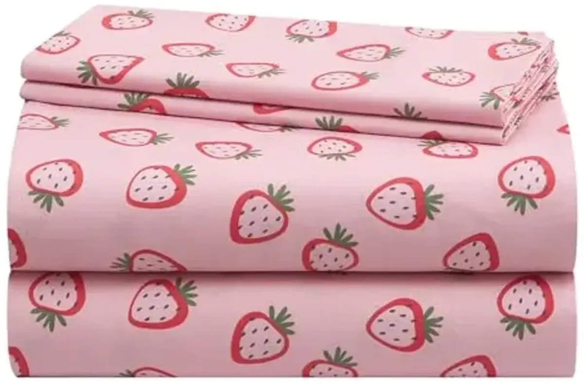 Urban Lifestyle 4 Piece Sheet Set, Including Top Sheet, Fitted Sheet and 2 Pillow Cases, Pink Strawberry, Queen