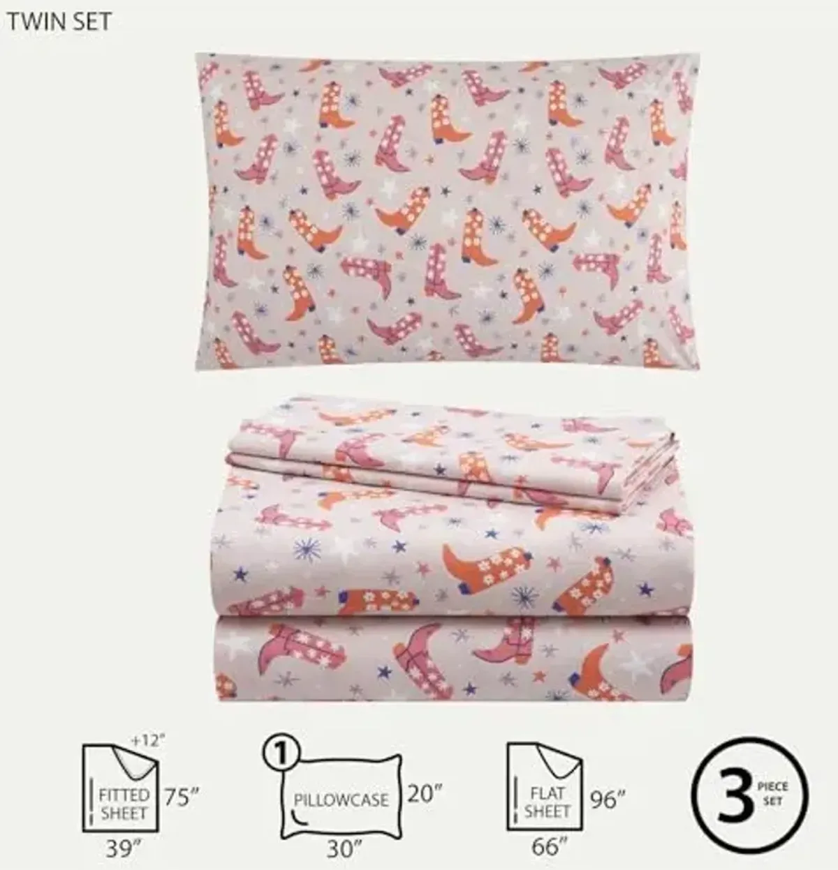 Urban Lifestyle 3 Piece Sheet Set, Including Top Sheet, Fitted Sheet and Pillow Case, Western Cowboy Boot, Twin