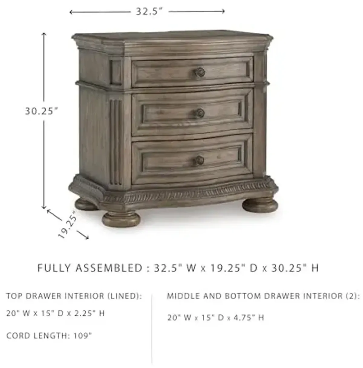 Signature Design by Ashley Ardenfield Classic 3-Drawer Nightstand with USB Ports, Light Brown