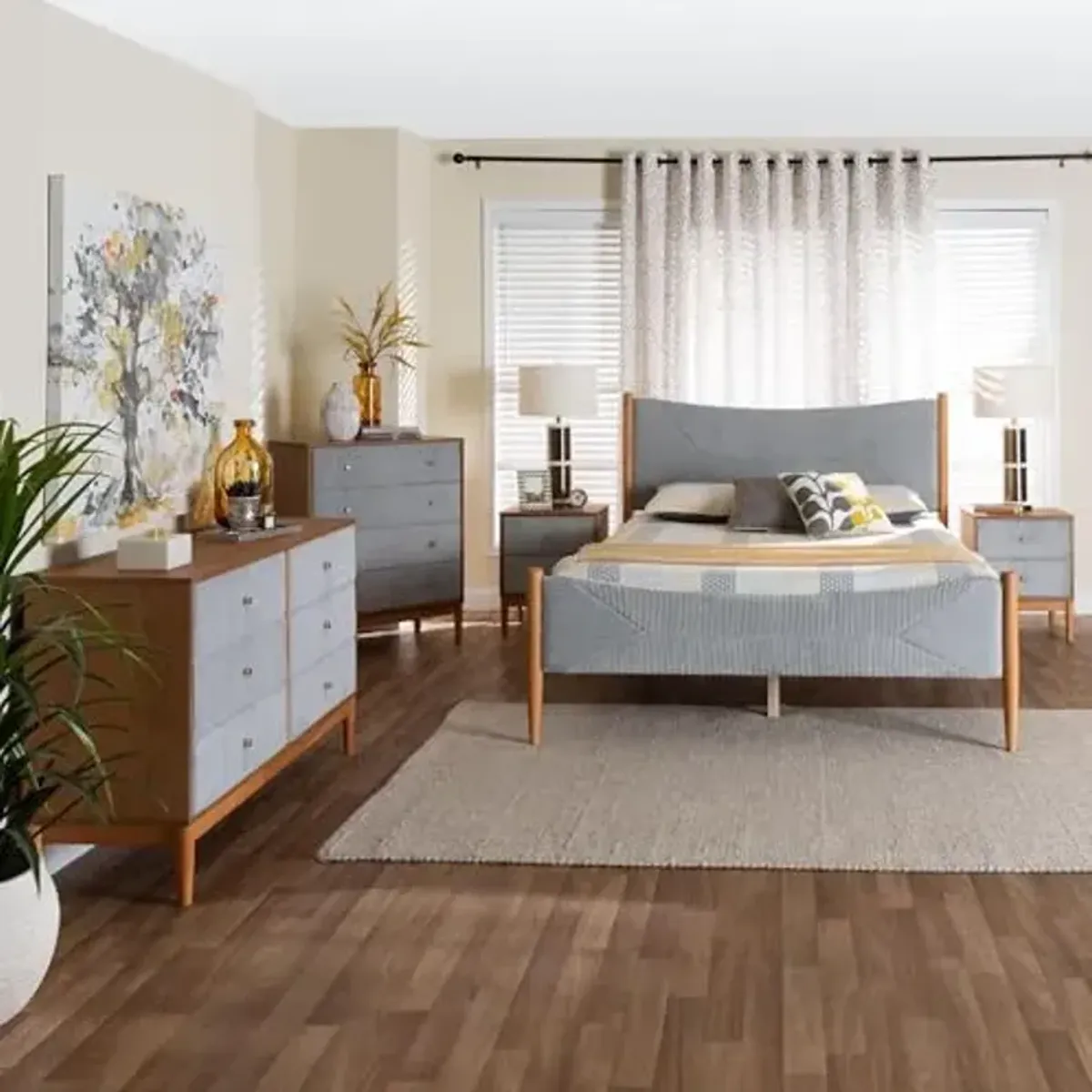 Baxton Studio Taylin Corduroy Fabric Bedroom Set, 5-Piece, Queen, Grey/Oak Brown