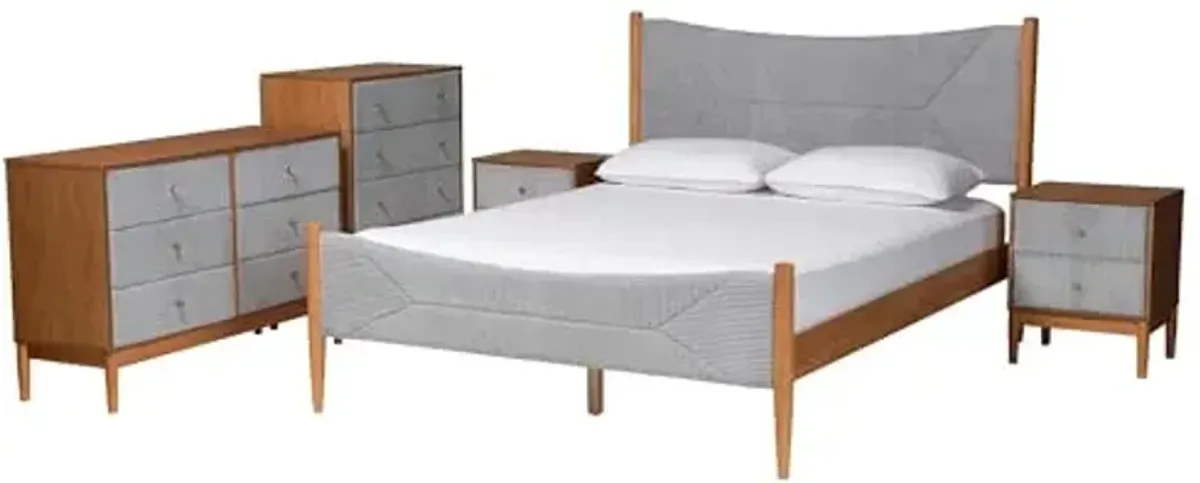 Baxton Studio Taylin Corduroy Fabric Bedroom Set, 5-Piece, Queen, Grey/Oak Brown