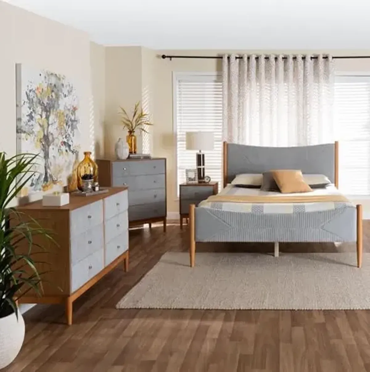 Baxton Studio Taylin Corduroy Fabric Bedroom Set, 4-Piece(1 Nightstand Included), Queen, Grey/Oak Brown