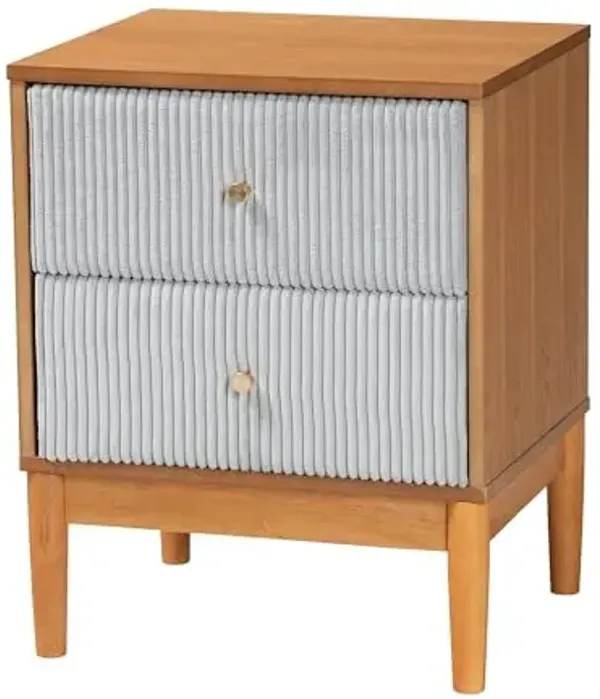 Baxton Studio Taylin Corduroy Fabric Nightstand, 2-Drawer, Grey/Oak Brown