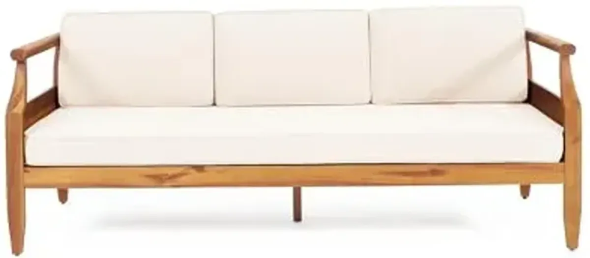 Christopher Knight Home Aston Outdoor 3 Seater Sofa, Upholstered Cushion Couch, Acacia Wood Bench Sofa, Slat Armchair, 73.25" W Spacious Seating Bench Couch for Gardern Porch Balcony, Teak+Beige