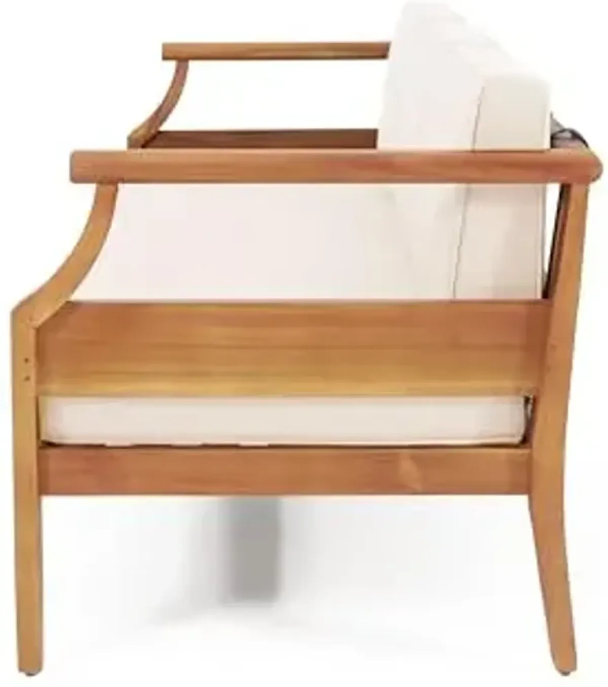 Christopher Knight Home Aston Outdoor 3 Seater Sofa, Upholstered Cushion Couch, Acacia Wood Bench Sofa, Slat Armchair, 73.25" W Spacious Seating Bench Couch for Gardern Porch Balcony, Teak+Beige