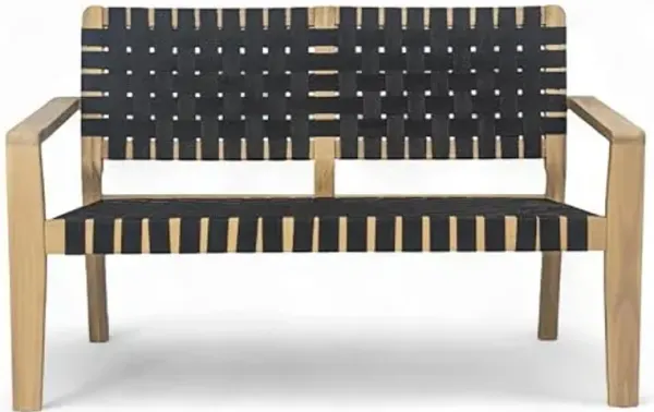 Christopher Knight Home Lenno Patio Loveseat, Acacia Wood Outdoor Bench, Woven Rope Armchair, 2 Seater Bench, Spacious Seating Sofa, Outdoor Acacia Wood Loveseat for Gardern Poolside Porch, Black