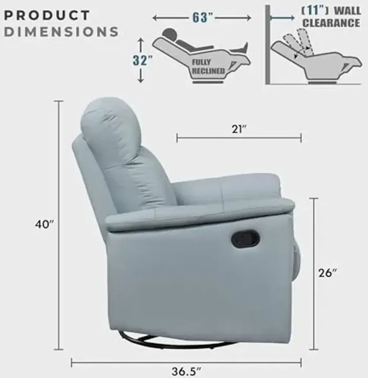 Lexicon Swivel Glider Recliner Chair, Comfy Nursery Glider, Top Grain Leather Match Recliner, Manual Reclining Chair for Living Room/Office/Apartment, Blue