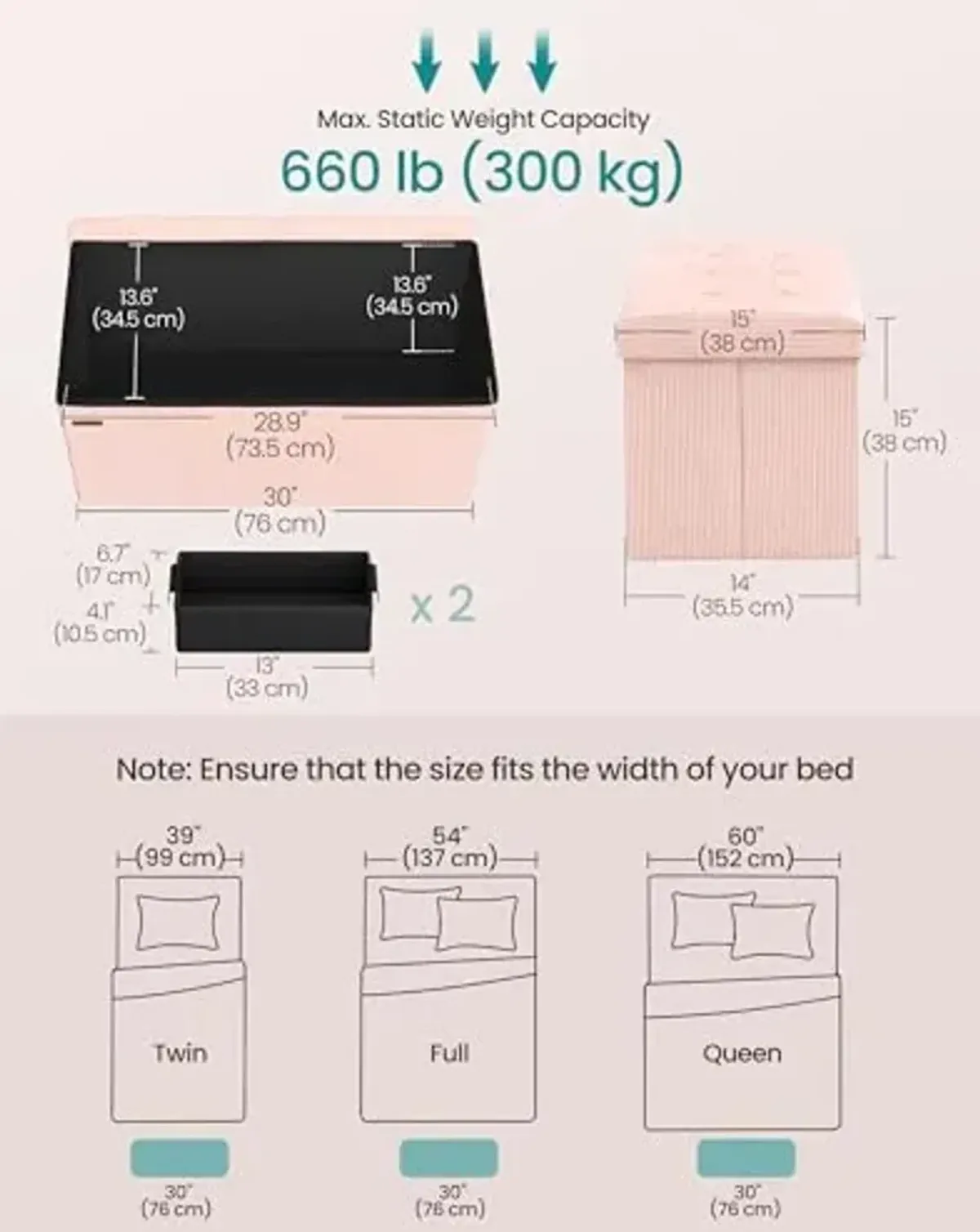 SONGMICS Mazie Collection - Storage Ottoman Bench, Foldable Foot Rest, 15 x 30 x 15 Inches, End of Bed Bench, Storage Chest, Load 660 lb, Living Room, Bedroom, Entryway, Jelly Pink ULSF603R01