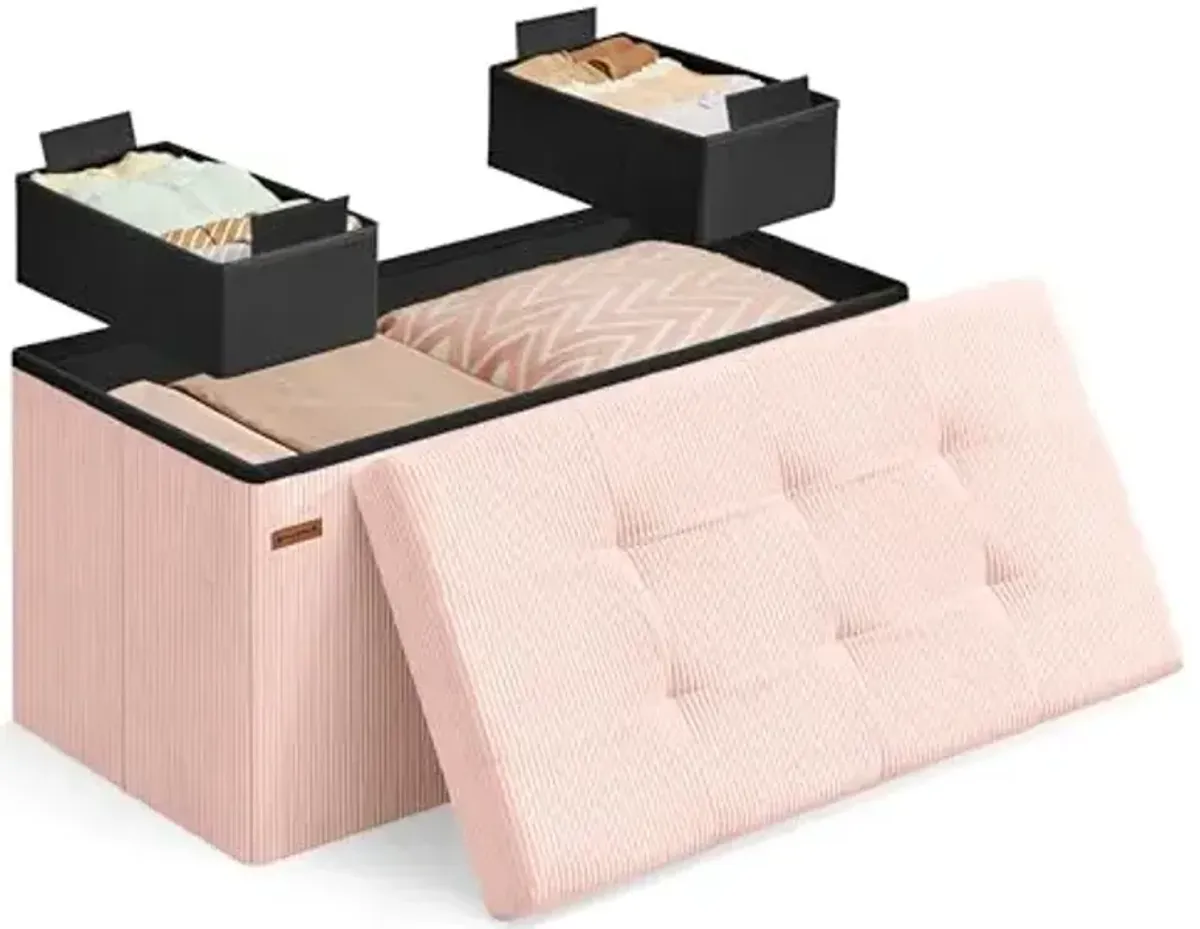 SONGMICS Mazie Collection - Storage Ottoman Bench, Foldable Foot Rest, 15 x 30 x 15 Inches, End of Bed Bench, Storage Chest, Load 660 lb, Living Room, Bedroom, Entryway, Jelly Pink ULSF603R01