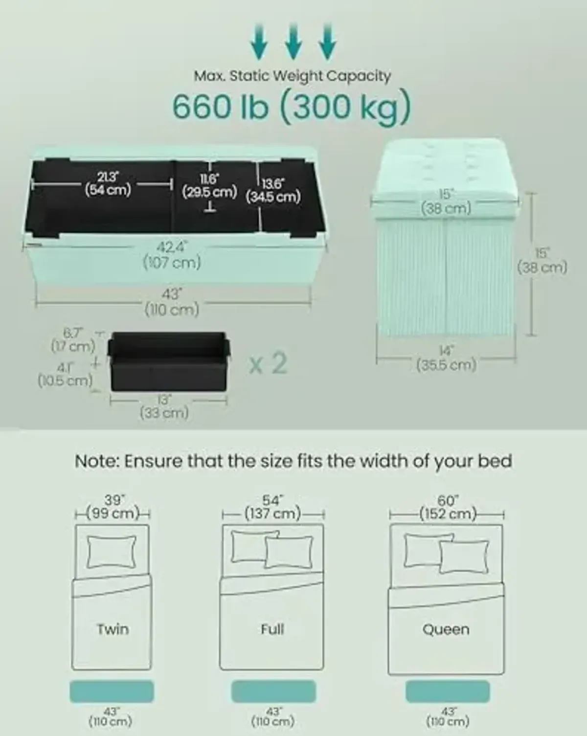 SONGMICS MAZIE Collection - Storage Ottoman Bench, Foldable Foot Rest, 15 x 43 x 15 Inches, End of Bed Bench, Storage Chest, Load 660 lb, Living Room, Bedroom, Entryway, Moonlight Green ULSF604C01