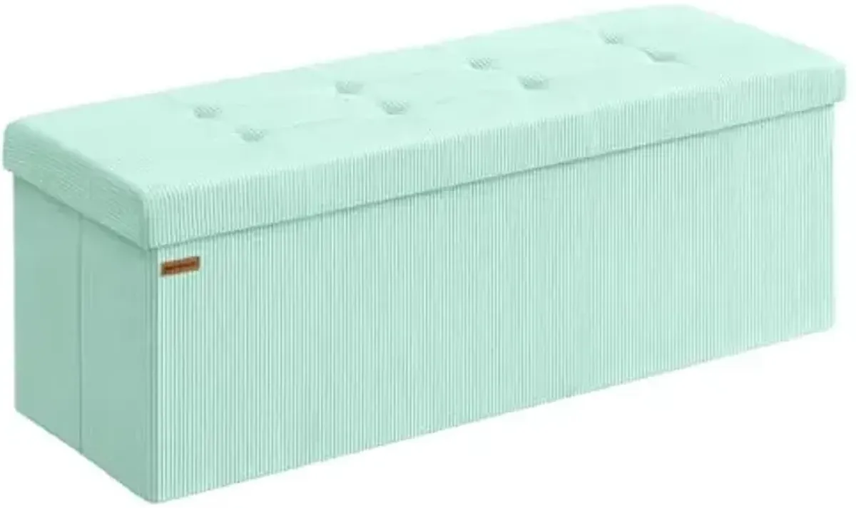 SONGMICS MAZIE Collection - Storage Ottoman Bench, Foldable Foot Rest, 15 x 43 x 15 Inches, End of Bed Bench, Storage Chest, Load 660 lb, Living Room, Bedroom, Entryway, Moonlight Green ULSF604C01