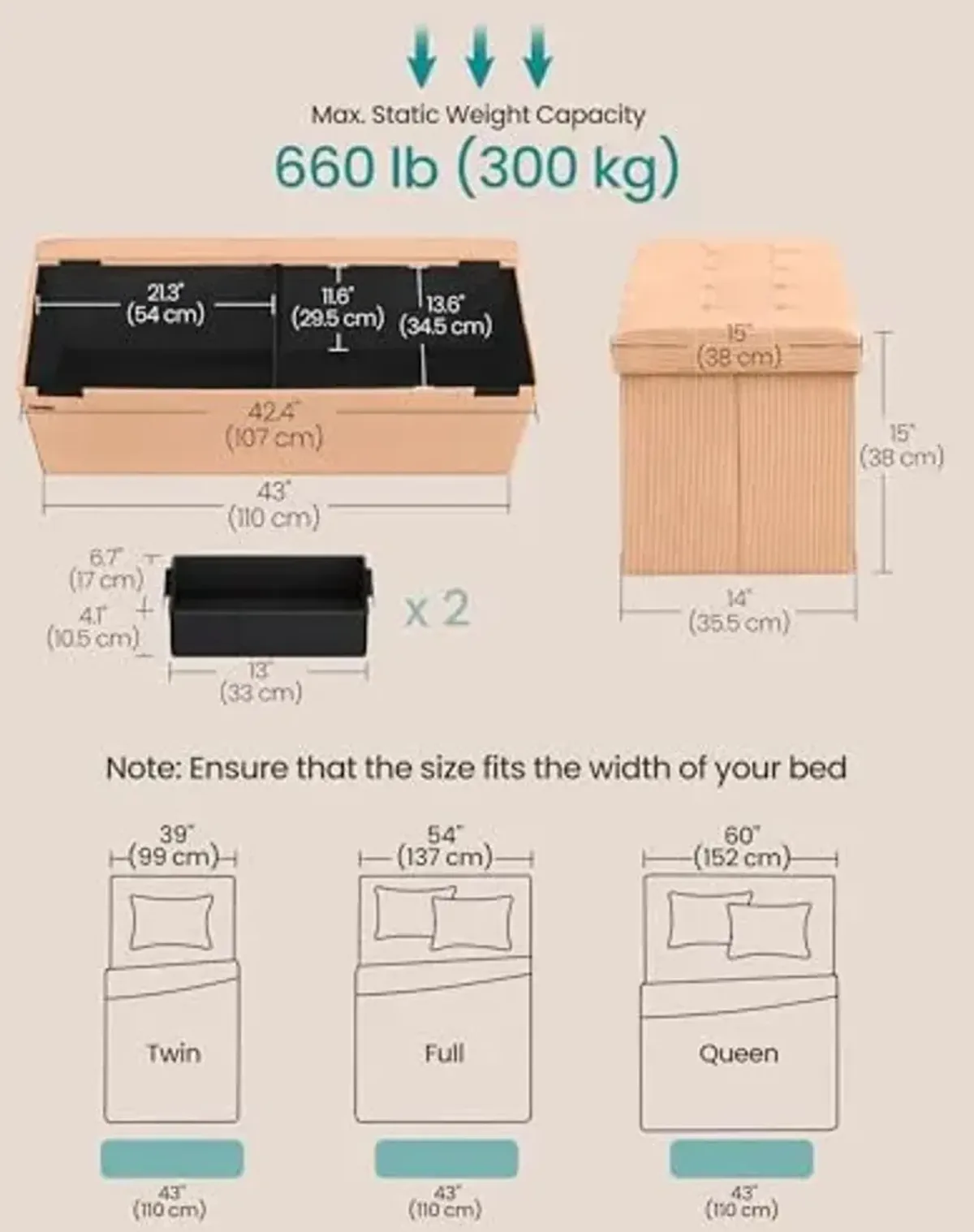 SONGMICS MAZIE Collection - Storage Ottoman Bench, Foldable Foot Rest, 15 x 43 x 15 Inches, End of Bed Bench, Storage Chest, Load 660 lb, Living Room, Bedroom, Entryway, Apricot ULSF604O01