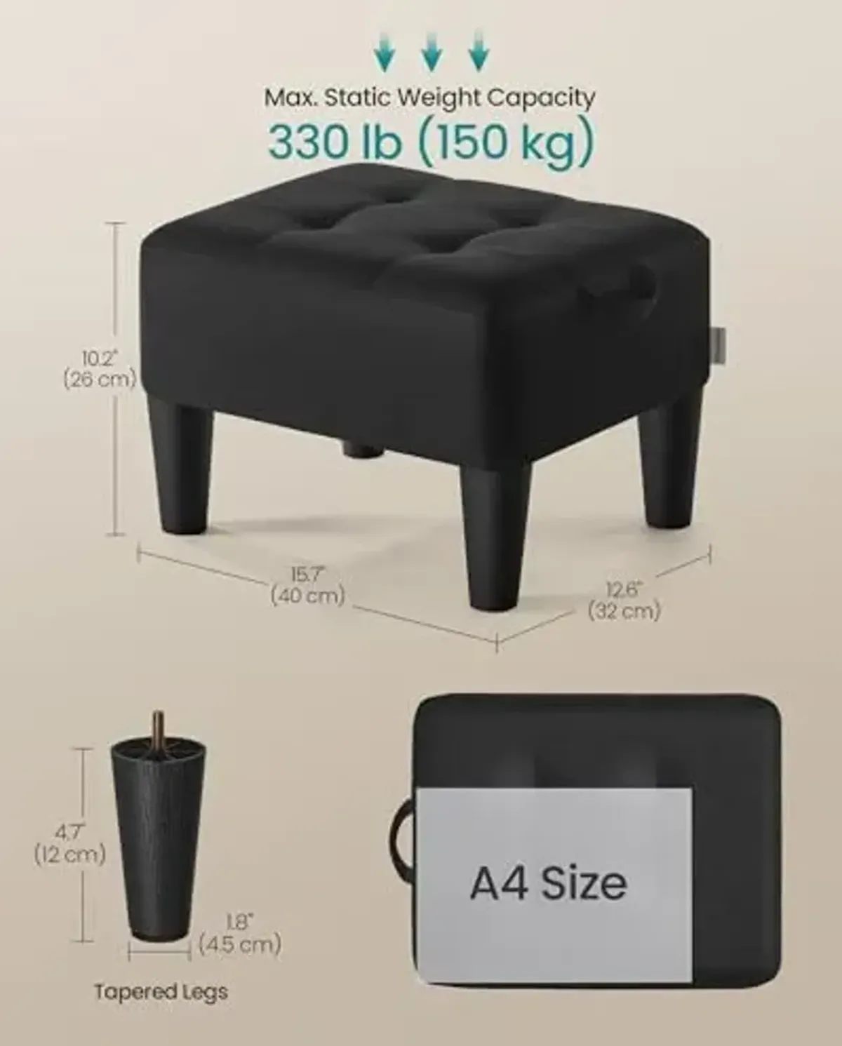 SONGMICS Foot Stool with Legs, Small Footstool Ottoman, Linen-Look Fabric Seat with Thick Cushion, for Living Room, Bedroom, Entryway, 330 lb Weight Capacity, Ink Black ULOM502B01