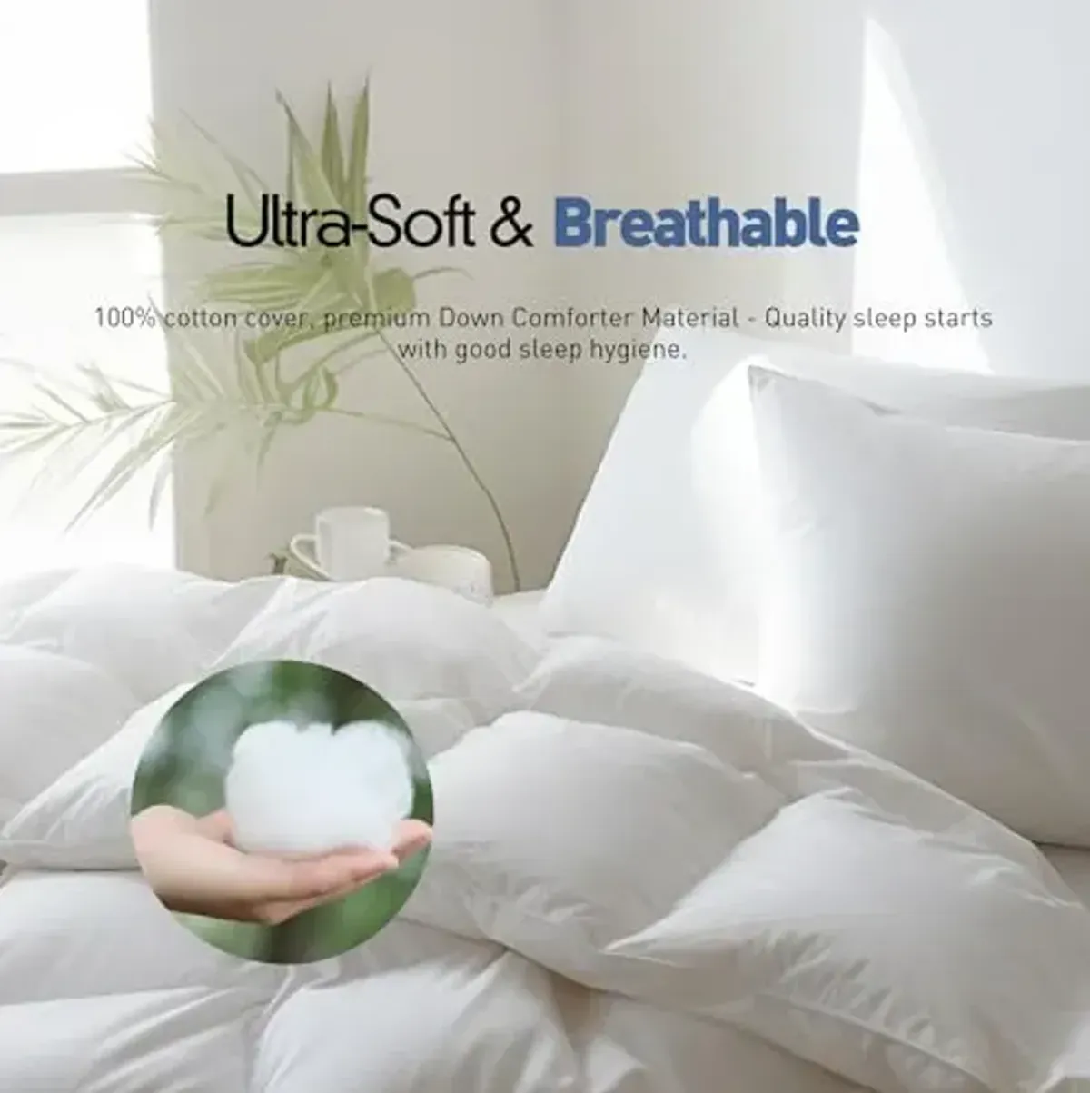 Luxurious Queen Full Size Goose Feather Down Fiber Comforter Duvet Insert,Fluffy Ultra-Soft 100% Cotton, Lightweight Hotel Collection Comforter, Light Warmth 90 x 90 Inch White Solid