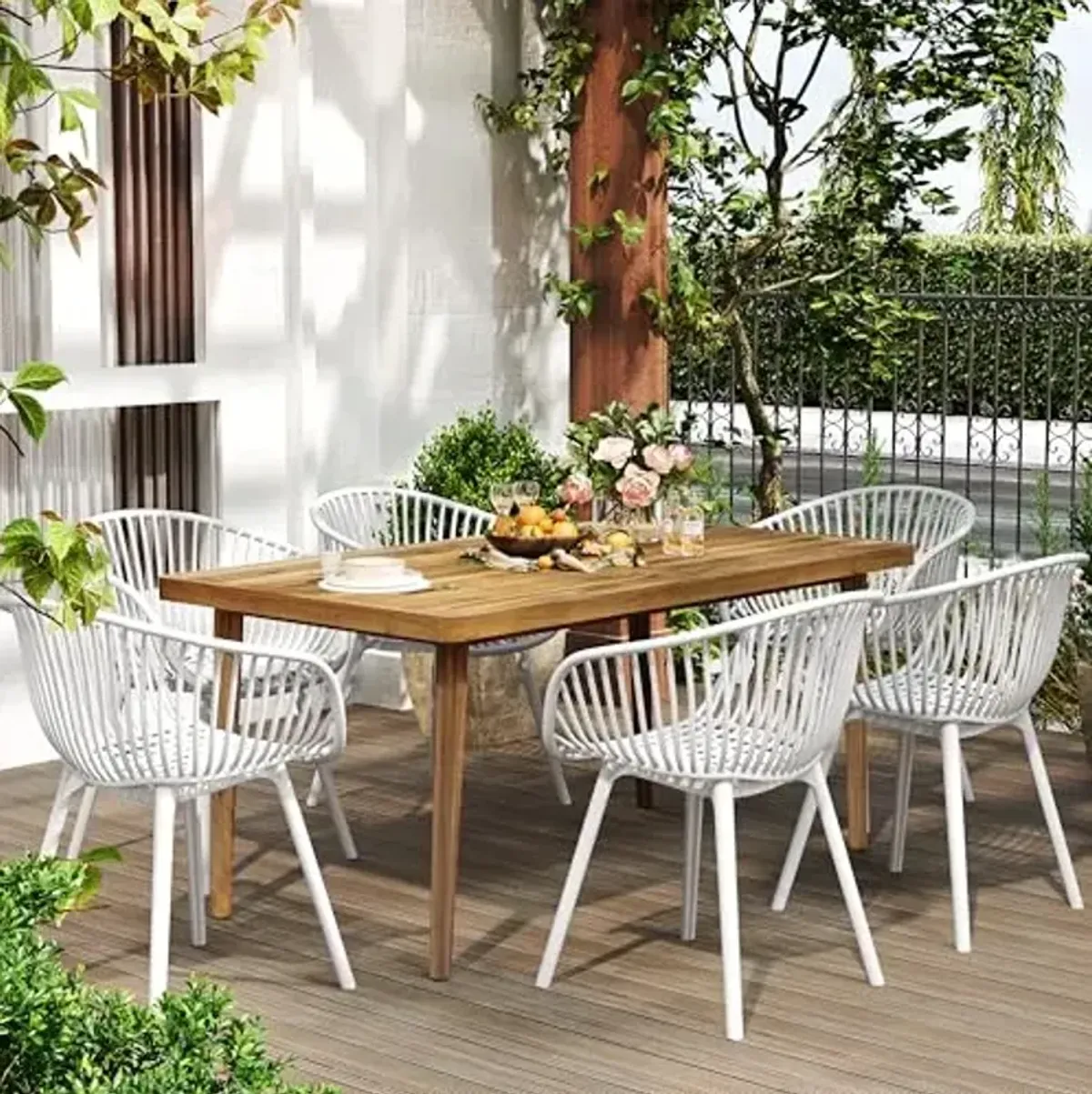 Christopher Knight Home Echoa 7-Piece Patio Dining Table Sets with Umbrella Hole, 63'' Table and Chairs Set for 6 People, Acacia Wood Table Plastic Chairs for Lawn Backyard Garden Deck, White+Teak