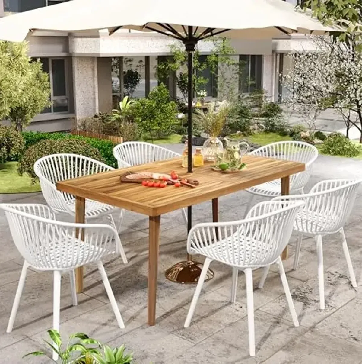 Christopher Knight Home Echoa 7-Piece Patio Dining Table Sets with Umbrella Hole, 63'' Table and Chairs Set for 6 People, Acacia Wood Table Plastic Chairs for Lawn Backyard Garden Deck, White+Teak