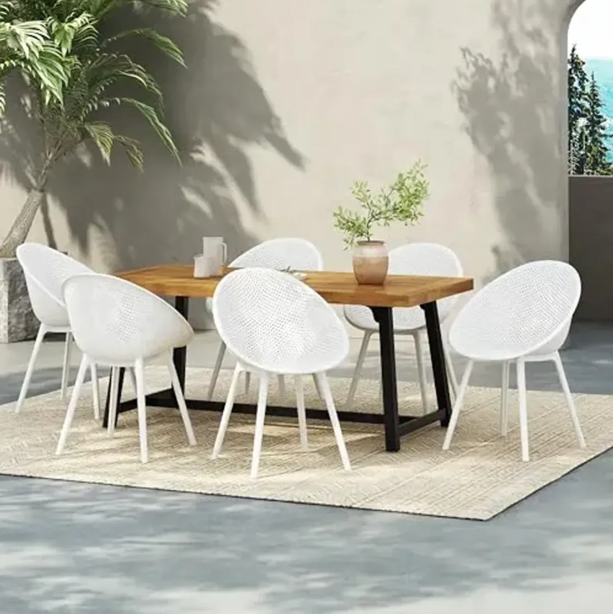 Christopher Knight Home Denlt 7 Pieces Outdoor Dining Set, 70.75" Patio Table and Chairs Set for 6 People, Plastic Chairs and Acacia Wood Dining Set for Lawn Backyard Garden Deck, White+Teak