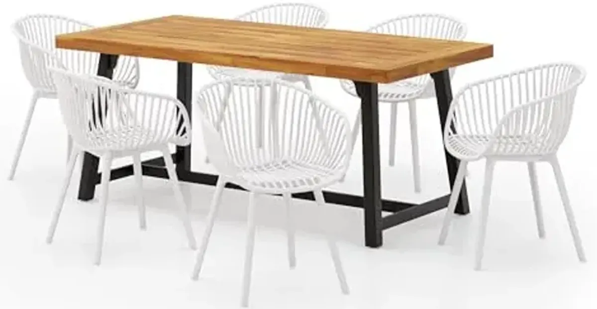 Christopher Knight Home Virellt 7 Pieces Outdoor Dining Set, 70.75" Patio Table and Chairs Set for 6 People, Plastic Chairs and Acacia Wood Dining Set for Lawn Backyard Garden Deck, White+Teak