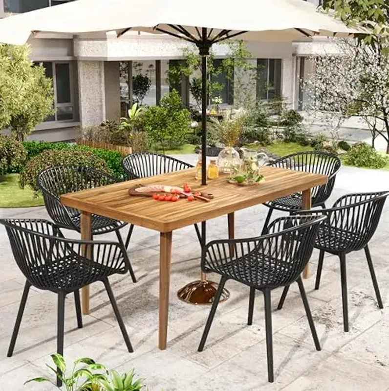 Christopher Knight Home Echoa 7-Piece Patio Dining Table Sets with Umbrella Hole, 63'' Table and Chairs Set for 6 People, Acacia Wood Table Plastic Chairs for Lawn Backyard Garden Deck, Black+Teak