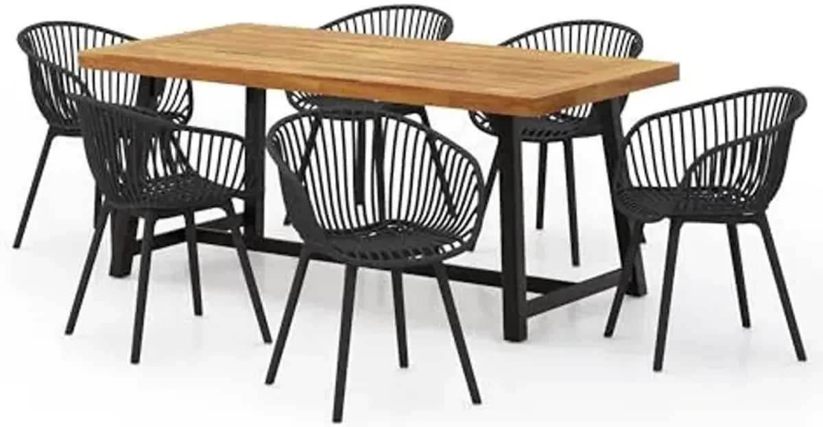 Christopher Knight Home Virellt 7 Pieces Outdoor Dining Set, 70.75" Patio Table and Chairs Set for 6 People, Plastic Chairs and Acacia Wood Dining Set for Lawn Backyard Garden Deck, Black+Teak