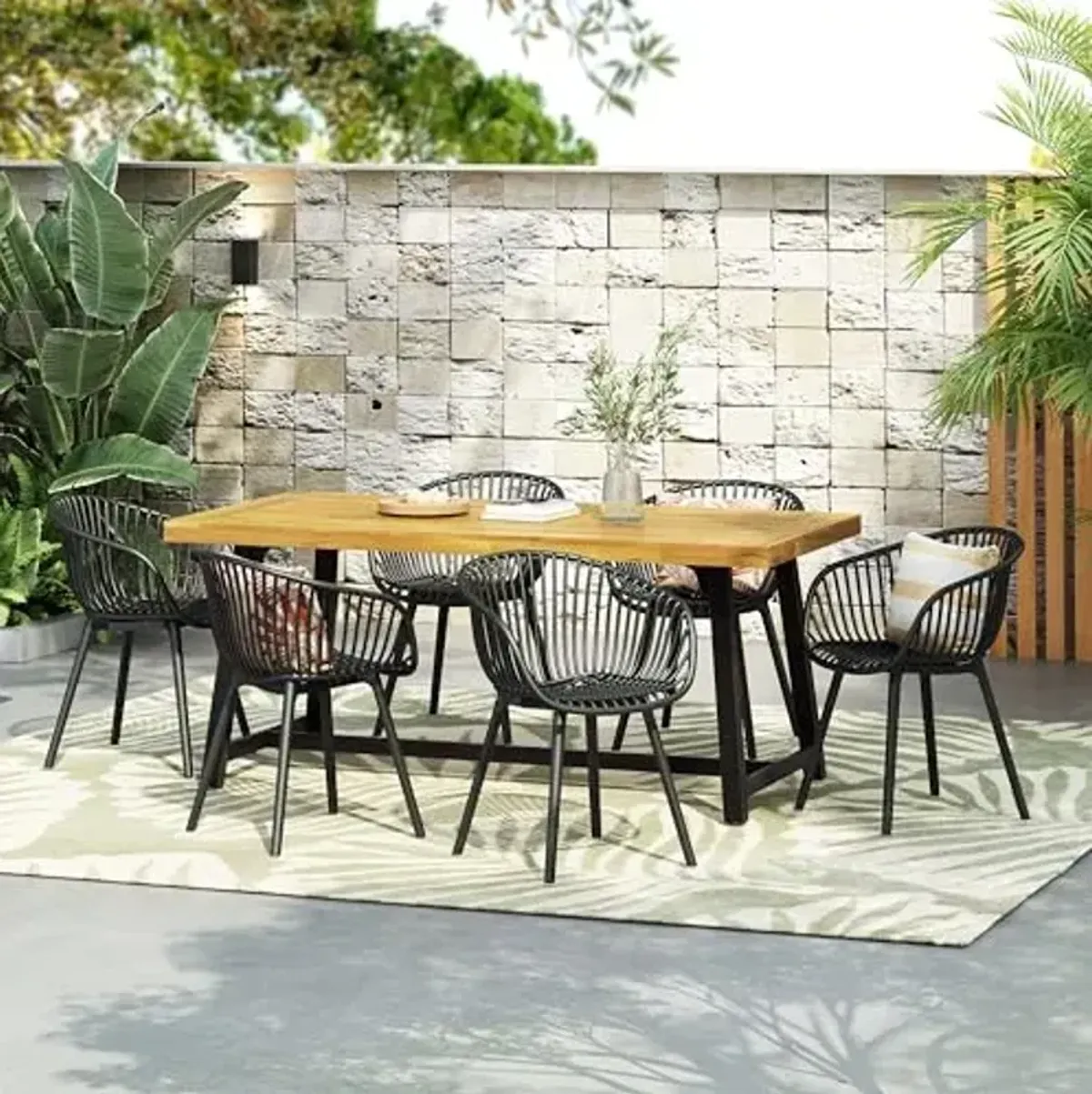 Christopher Knight Home Virellt 7 Pieces Outdoor Dining Set, 70.75" Patio Table and Chairs Set for 6 People, Plastic Chairs and Acacia Wood Dining Set for Lawn Backyard Garden Deck, Black+Teak