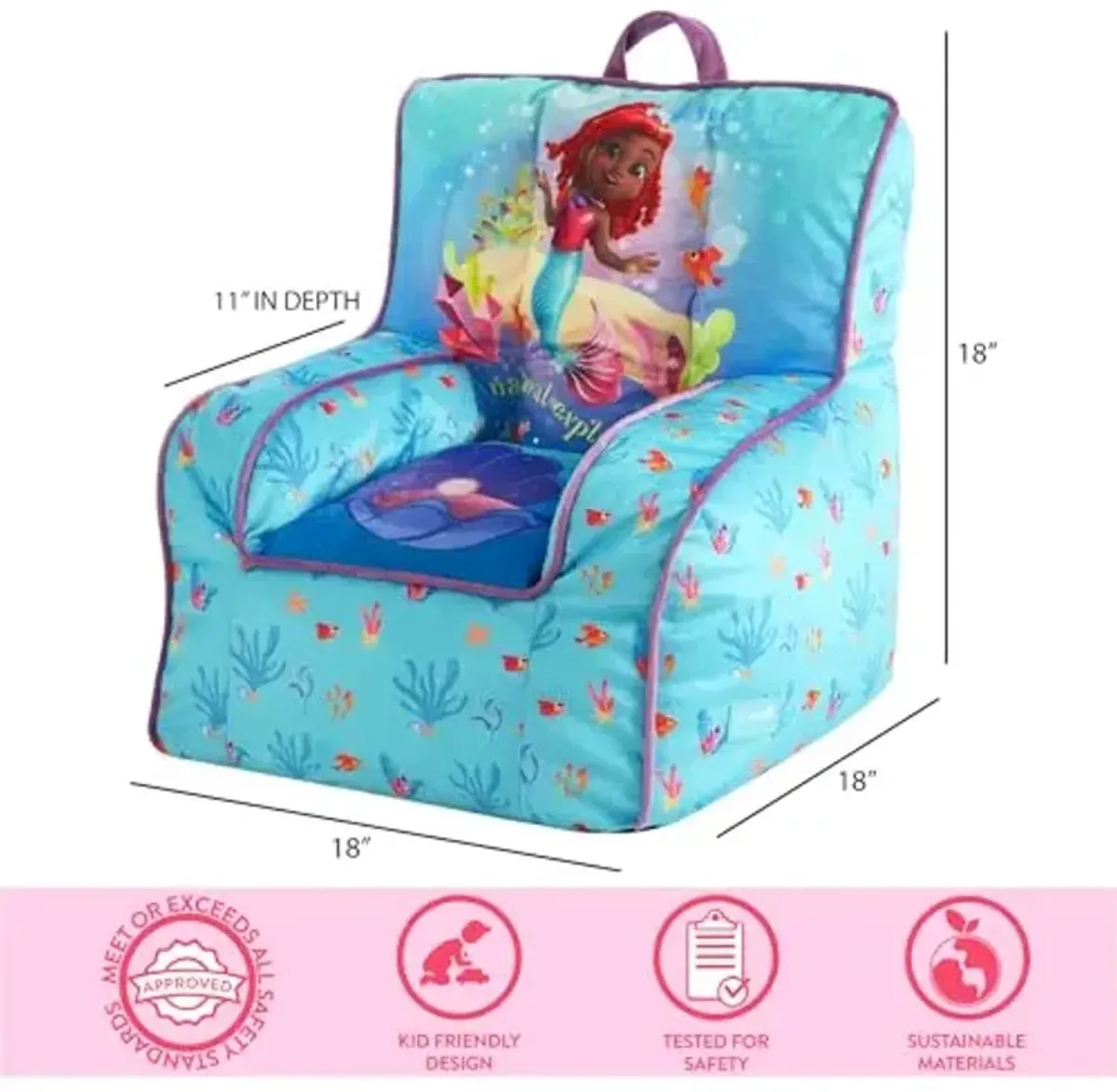 Disney Little Mermaid Ariel Toddler Square Bean Bag Chair with Piping & Top Carry Handle