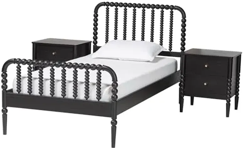 Baxton Studio Lucera Mid-Century Black Twin Size 3-Piece Bobbin Bedroom Set