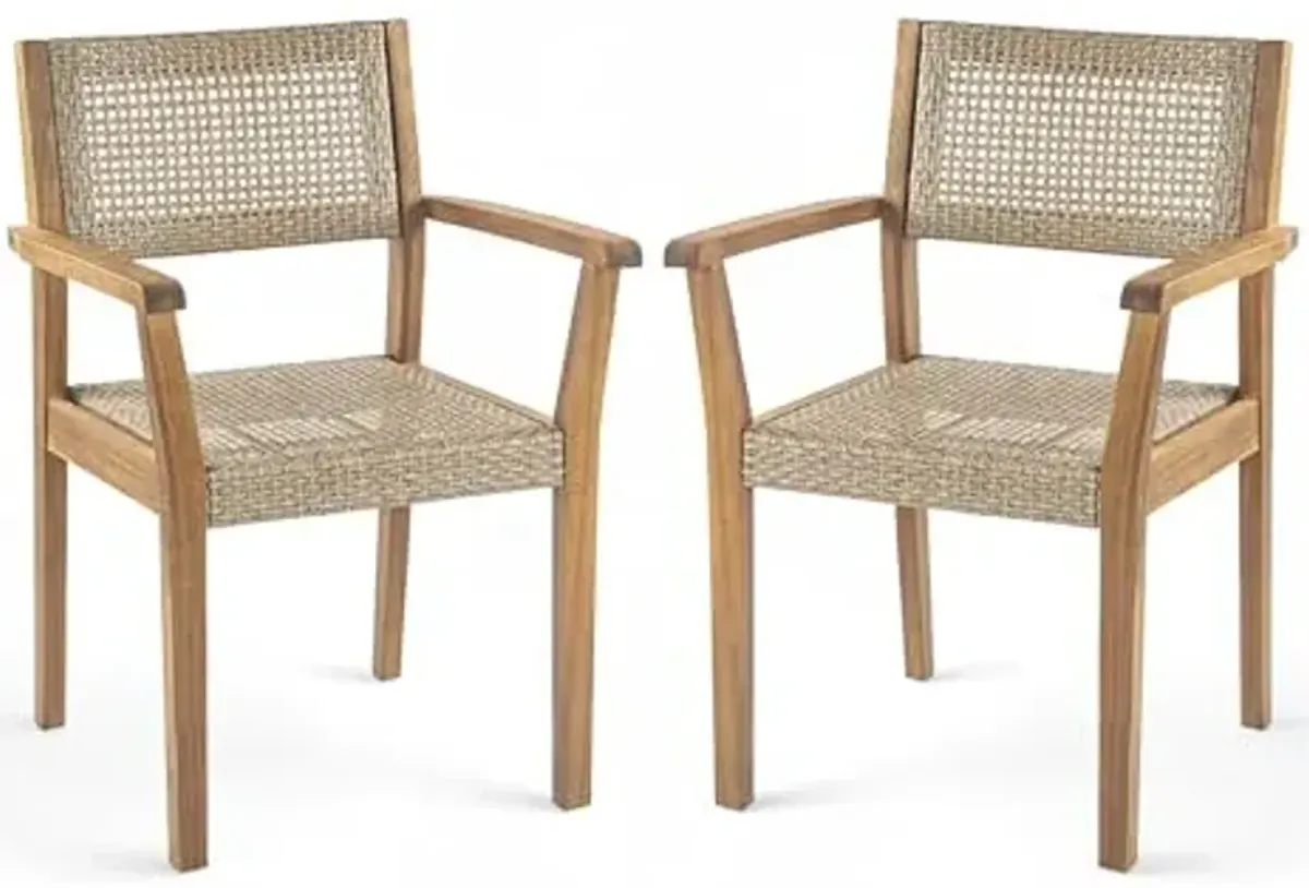 Christopher Knight Home Set of 2 Amaris Farmhouse Patio Garden Furntiure Acacia Wood Dining Chairs, Armchair for Indoor/Outdoor Dinner, Woven Wicker Accents, Poolside Kitchen Side Chair, Teak+Beige