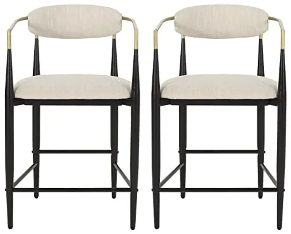 Christopher Knight Home Niame Set of 2 Counter Stools with Upholstered Seats, 25''H Counter Height Barstools, Barchairs Kitchen Stools, Fabric Bar Seating with Iron Frame, Gold Accents, Beige