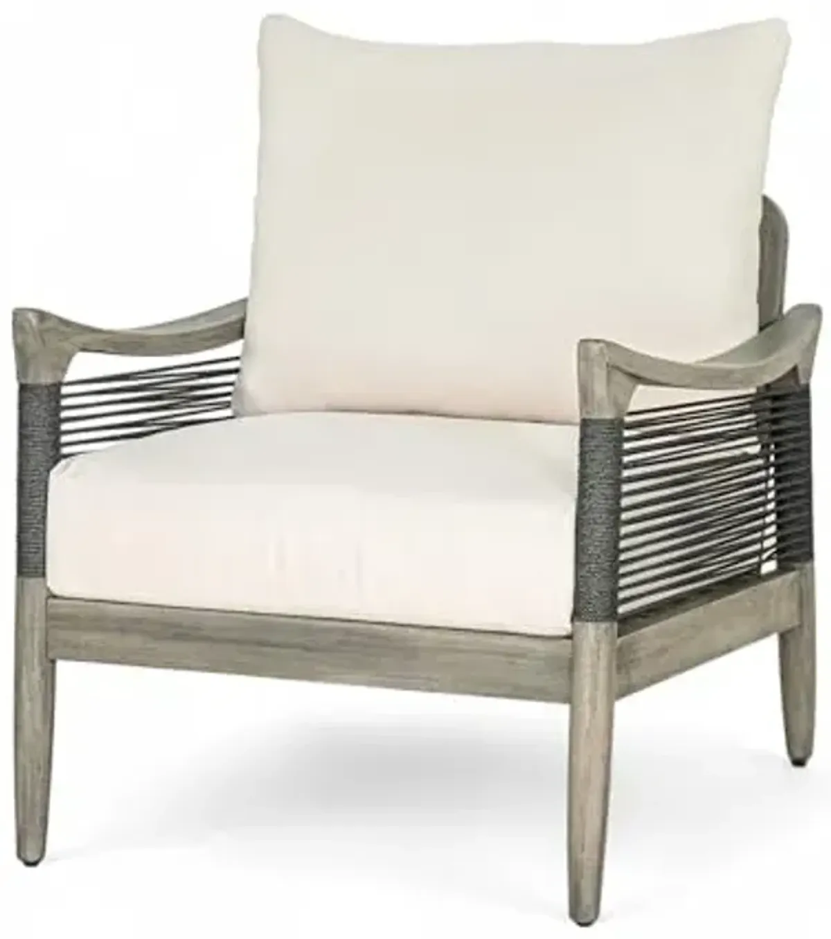 Christopher Knight Home Havets Patio Acacia Wood Club Chair with Woven Rope, Comfortable Outdoor Armchair, Water-Repellent Thick Cushion Deep Seating for Porch, Garden, Backyard, Balcony, Gray+Beige