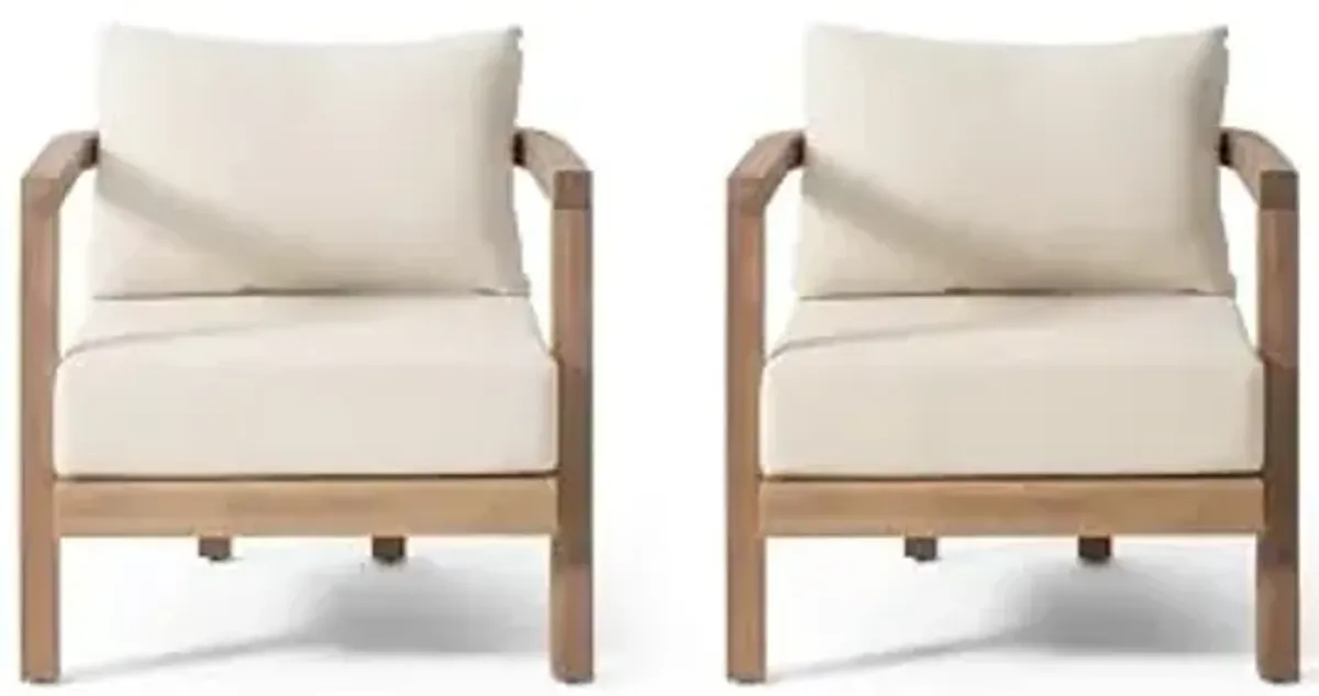 Christopher Knight Home Orion Set of 2 Outdoor Acacia Wood Club Chair with Tub Shape and Slat Panel, Patio Armchair, Water-Repellent Thick Cushion Seating for Garden Backyard Balcony, Brown Wash+Beige