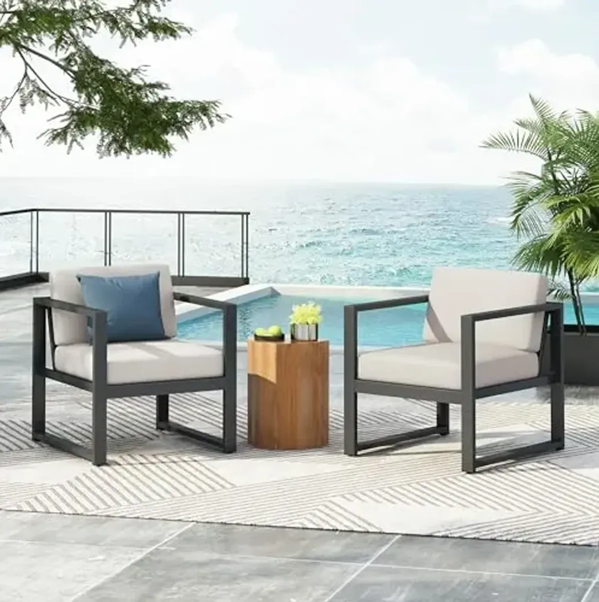 Christopher Knight Home Navan Set of 2 Outdoor Patio Club Chairs with Cushions, Aluminum Outdoor Armchair, Garden Sofa Lounge Chairs, Patio Conversation Set for Porch Backyard Garden, Beige+Black