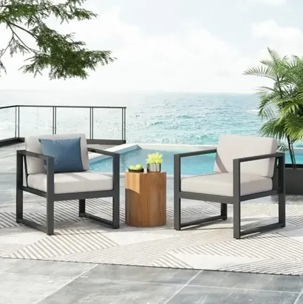 Christopher Knight Home Navan Set of 2 Outdoor Patio Club Chairs with Cushions, Aluminum Outdoor Armchair, Garden Sofa Lounge Chairs, Patio Conversation Set for Porch Backyard Garden, Beige+Black