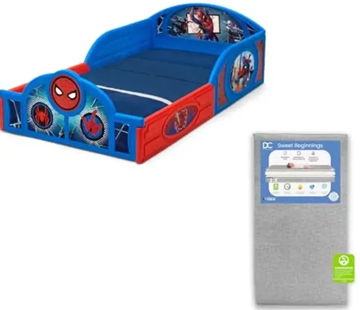 Delta Children Marvel Spider-Man Sleep and Play Toddler Bed with Built-in Guardrails Sweet Beginnings Dual Sided Crib Mattress