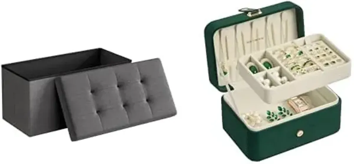 SONGMICS 30 Inches Folding Storage Ottoman Bench, Jewelry Box, Travel Jewelry Case, ULSF47K and UJBC166C04