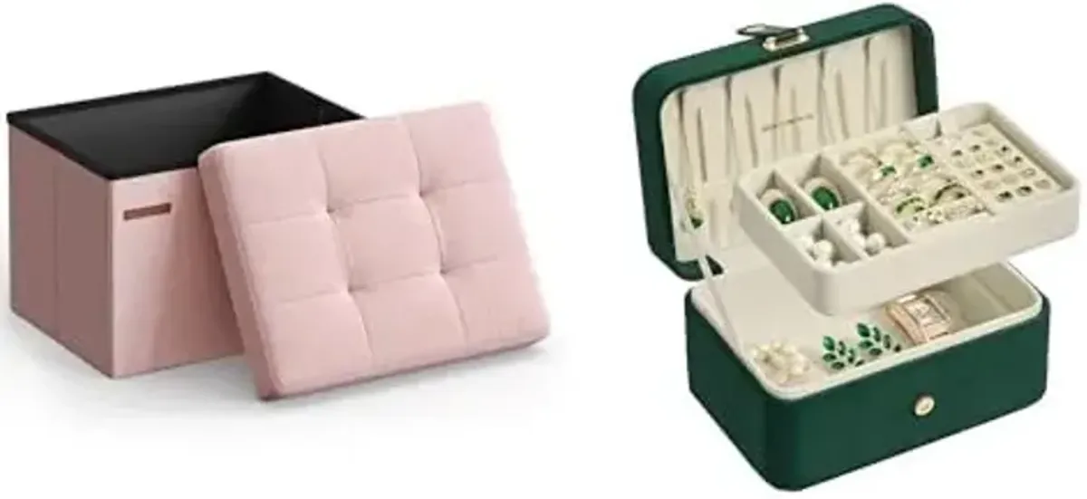 SONGMICS Small Folding Storage Ottoman, Jewelry Box, Travel Jewelry Case, ULSF102R01 and UJBC166C04