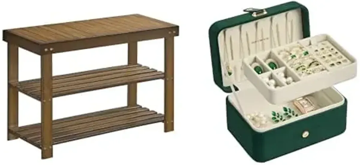 SONGMICS Shoe Rack Bench, 3-Tier Bamboo Shoe Storage Organizer, Jewelry Box, Travel Jewelry Case, ULBS04WL and UJBC166C04