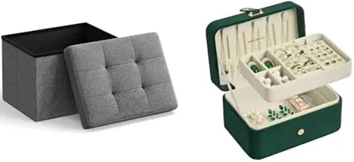 SONGMICS Small Folding Storage Ottoman, Jewelry Box, Travel Jewelry Case, ULSF102G01 and UJBC166C04