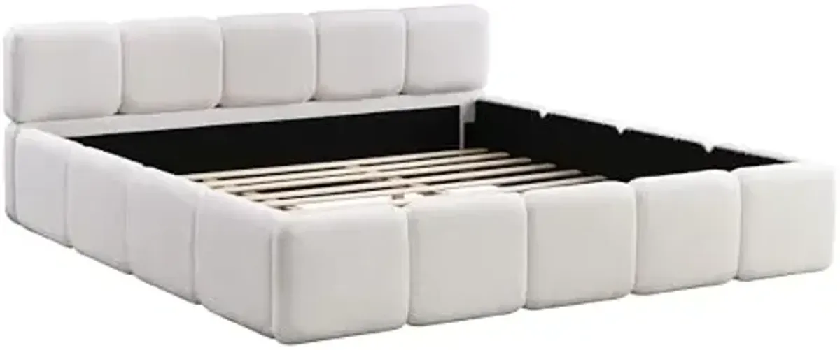 Christopher Knight Home Hazel King Size Platform Bed, Boucle Thick Headboard and Footboard, Upholstery Grounded Beds, Block Style, Wood Slats Panel Support, No Spring Box Needed, Easy Assembly, White