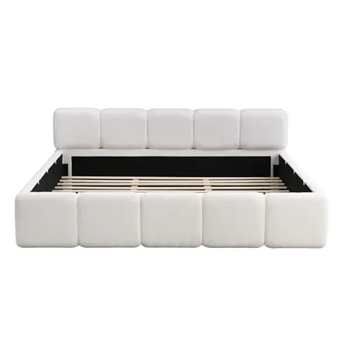 Christopher Knight Home Hazel King Size Platform Bed, Boucle Thick Headboard and Footboard, Upholstery Grounded Beds, Block Style, Wood Slats Panel Support, No Spring Box Needed, Easy Assembly, White
