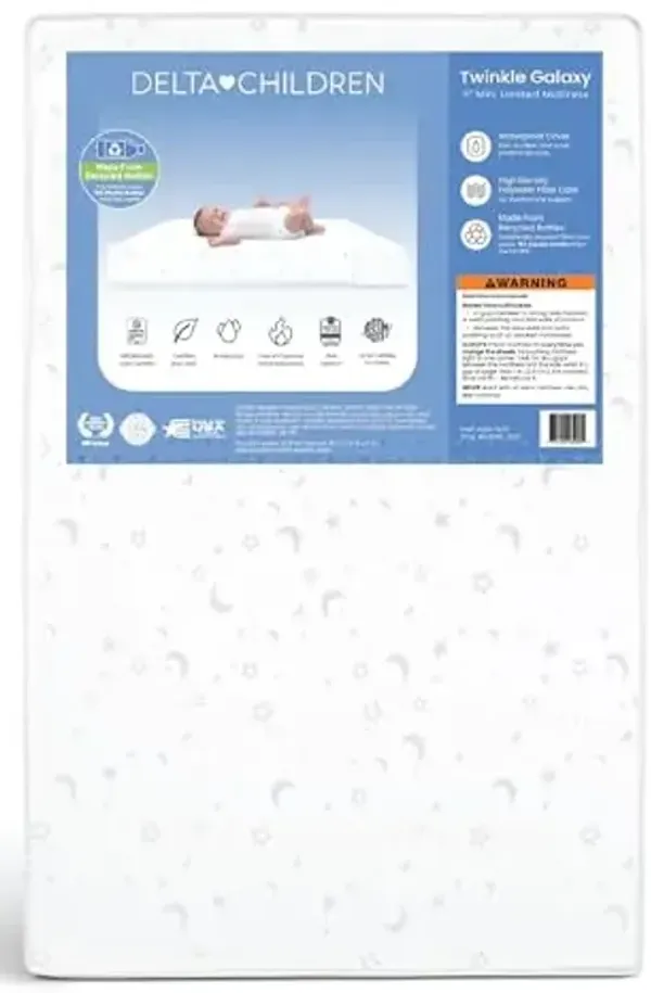 Delta Children Twinkle Galaxy Limited 4-inch Mini Crib Mattress - Premium Sustainably Sourced Fiber Core - Waterproof - GREENGUARD Gold Certified (Non-Toxic) - 5 Year Warranty - Made in USA