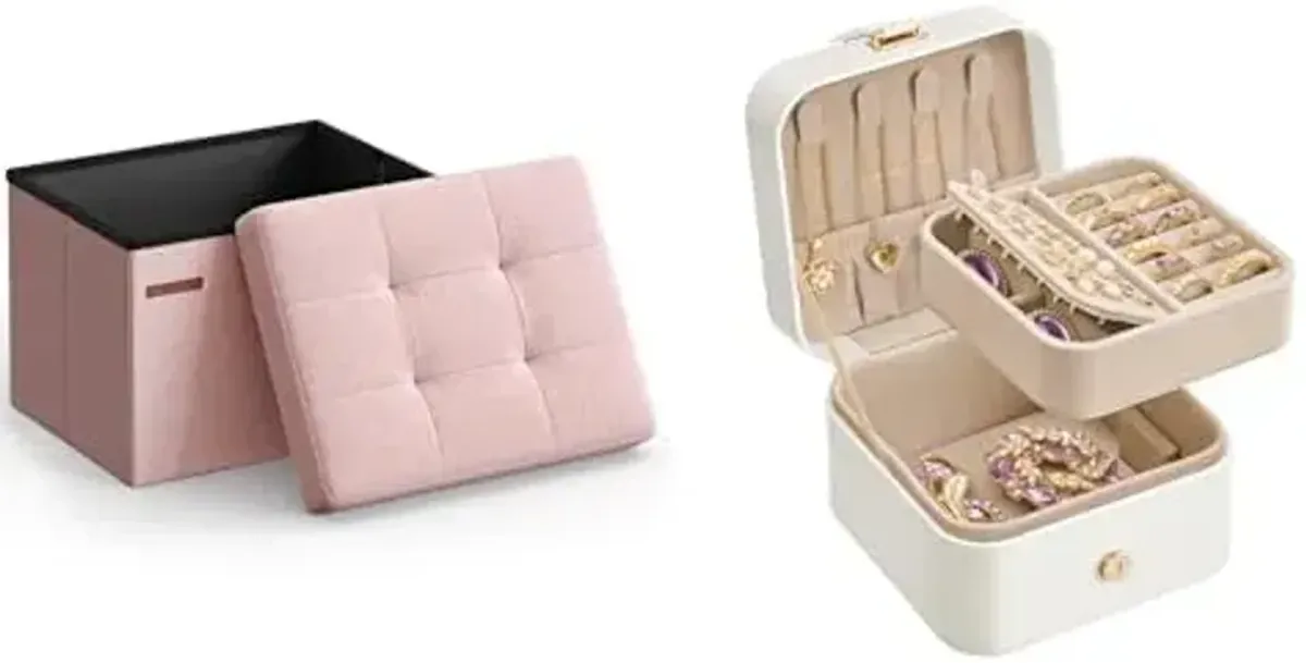 SONGMICS Small Folding Storage Ottoman, Jewelry Box, Travel Jewelry Case, ULSF102R01 and UJBC185W03