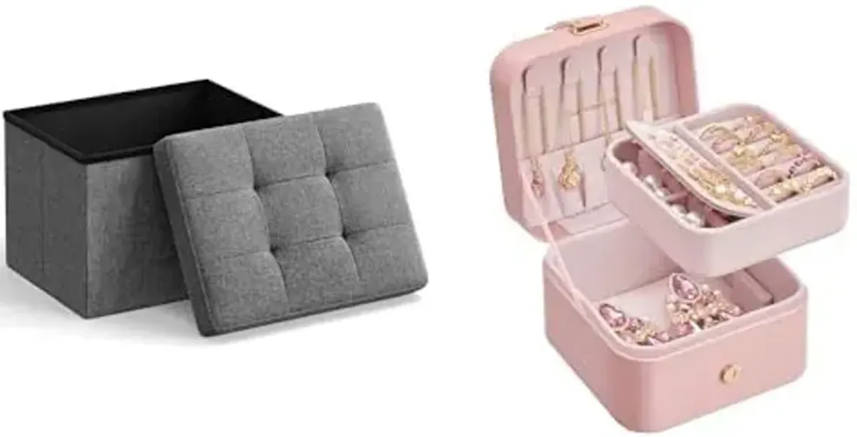 SONGMICS Small Folding Storage Ottoman, Jewelry Box, Travel Jewelry Case, ULSF102G01 and UJBC185R02