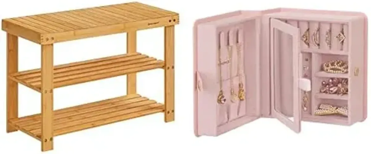 SONGMICS Shoe Rack Bench, 3-Tier Bamboo Shoe Storage Organizer, Jewelry Box, Travel Jewelry Case, ULBS04N and UJBC189R01