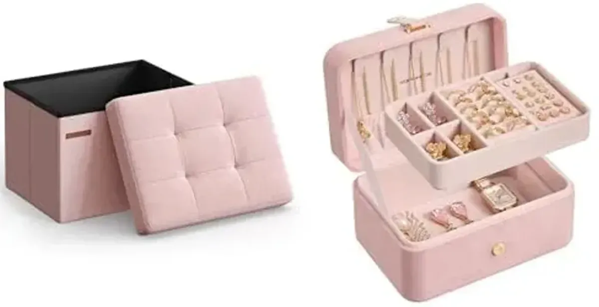 SONGMICS Small Folding Storage Ottoman, Jewelry Box, Travel Jewelry Case, ULSF102R01 and UJBC166R02