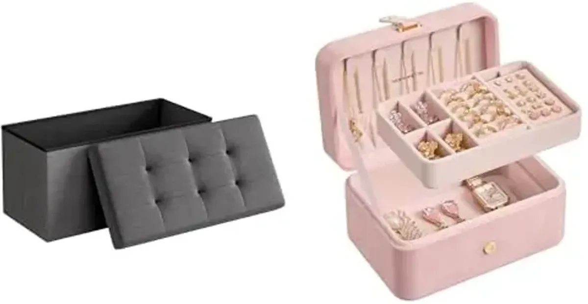 SONGMICS 30 Inches Folding Storage Ottoman Bench, Jewelry Box, Travel Jewelry Case, ULSF47K and UJBC166R02