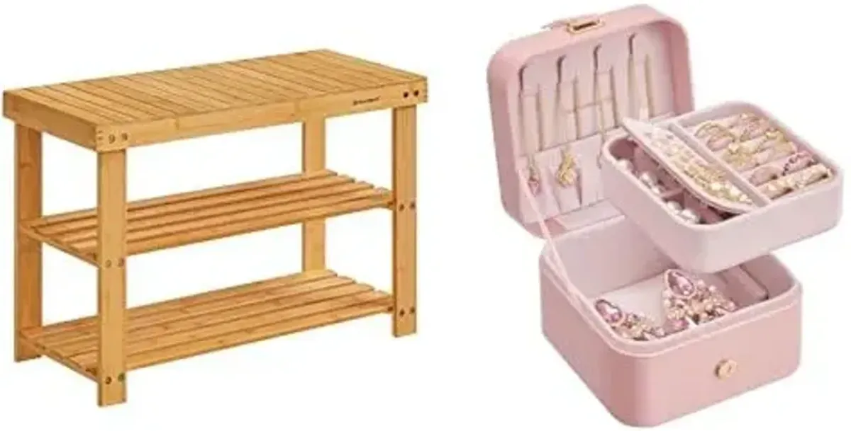 SONGMICS Shoe Rack Bench, 3-Tier Bamboo Shoe Storage Organizer, Jewelry Box, Travel Jewelry Case, ULBS04N and UJBC185R02