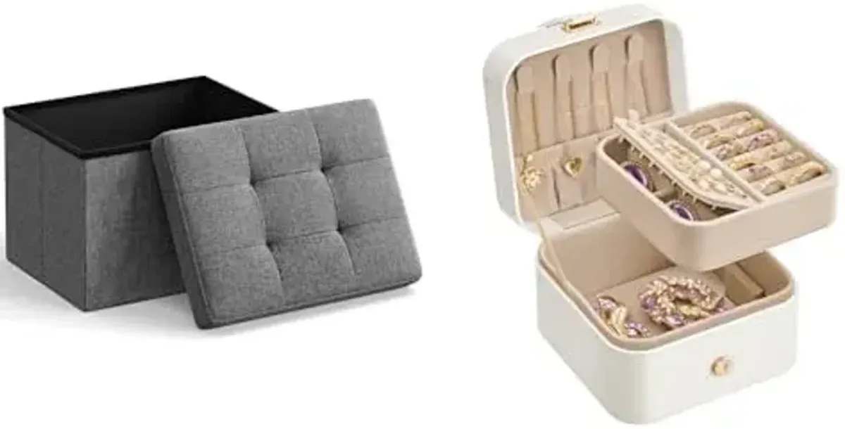 SONGMICS Small Folding Storage Ottoman, Jewelry Box, Travel Jewelry Case, ULSF102G01 and UJBC185W03