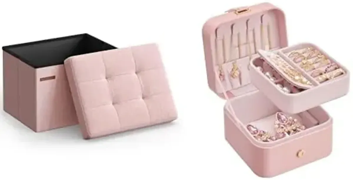 SONGMICS Small Folding Storage Ottoman, Jewelry Box, Travel Jewelry Case, ULSF102R01 and UJBC185R02