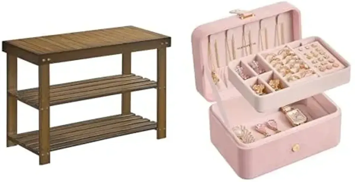SONGMICS Shoe Rack Bench, 3-Tier Bamboo Shoe Storage Organizer, Jewelry Box, Travel Jewelry Case, ULBS04WL and UJBC166R02